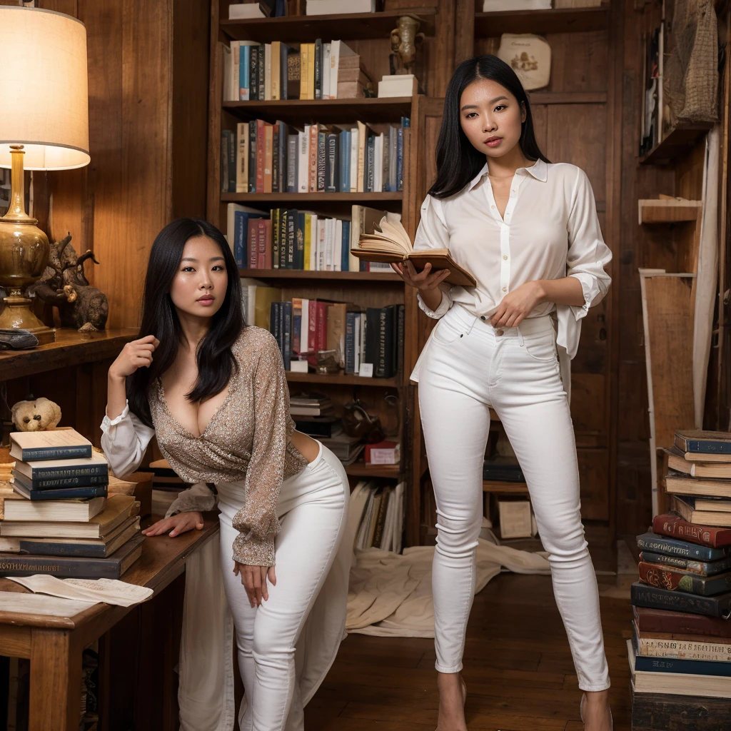 An Asian woman with white skin and medium silicone breasts, hair long black, wearing a stylish blouse and jeans, exploring an ancient library. She is on a wooden staircase, holding an old book, with shelves full of books in the background. The soft light of the old lamps illuminates your face, giving an intellectual and mysterious touch to the image.”