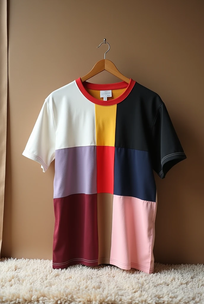 a close up of a white, black, cream, corn yellow, red, maroon, navy blue, baby pink, lavender, coffe, off white t-shirt and a wooden hanger on a carpet, on nice flooring background. One by one, solid t shirt.