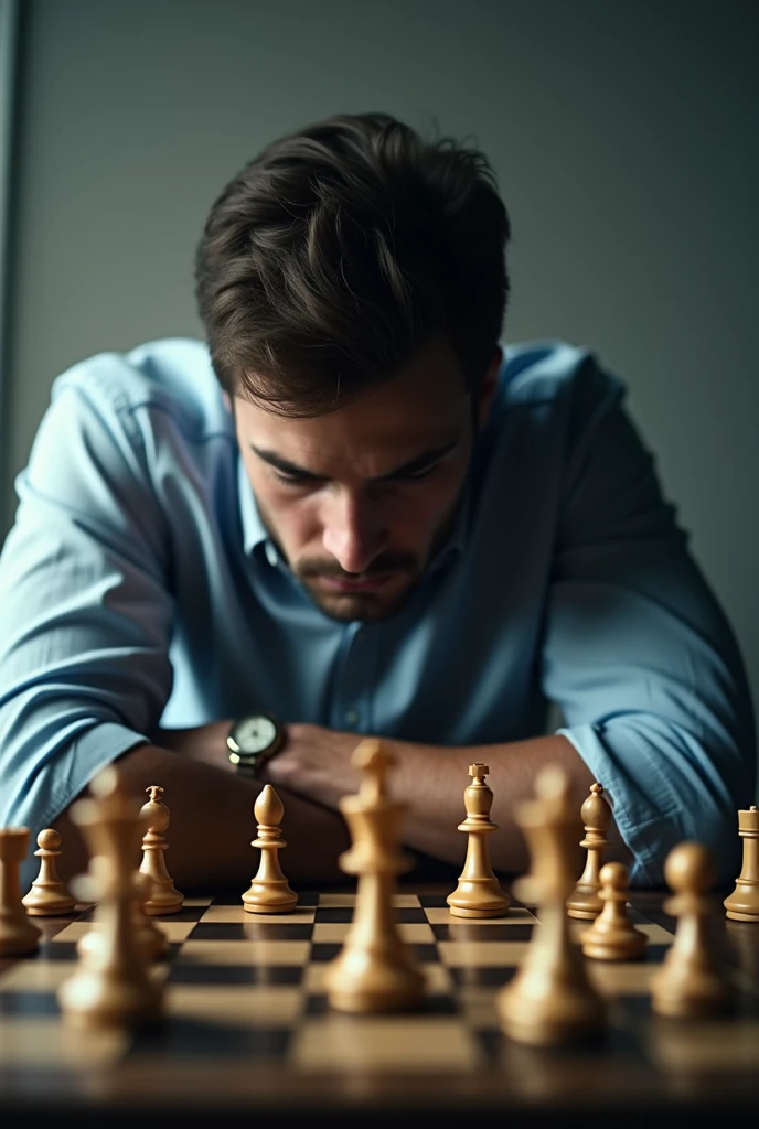 back side photo of man who playing chess (behind head) ,photo click from the behind head where chess board seen complete and don't seen face of man only head shown