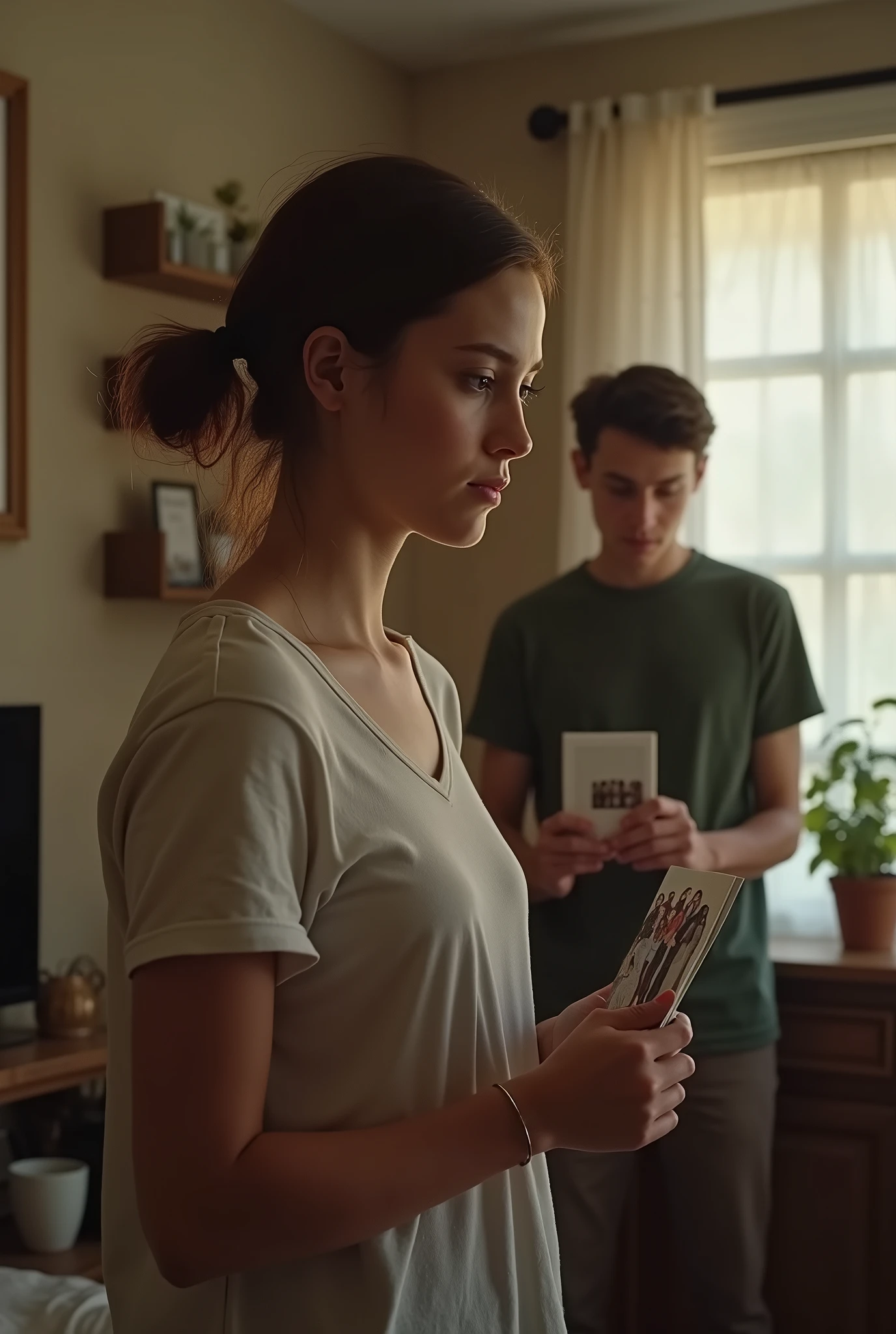 A young woman looks at a group photo with her friends in a corner of her house. A young man stands looking at the young woman from behind.