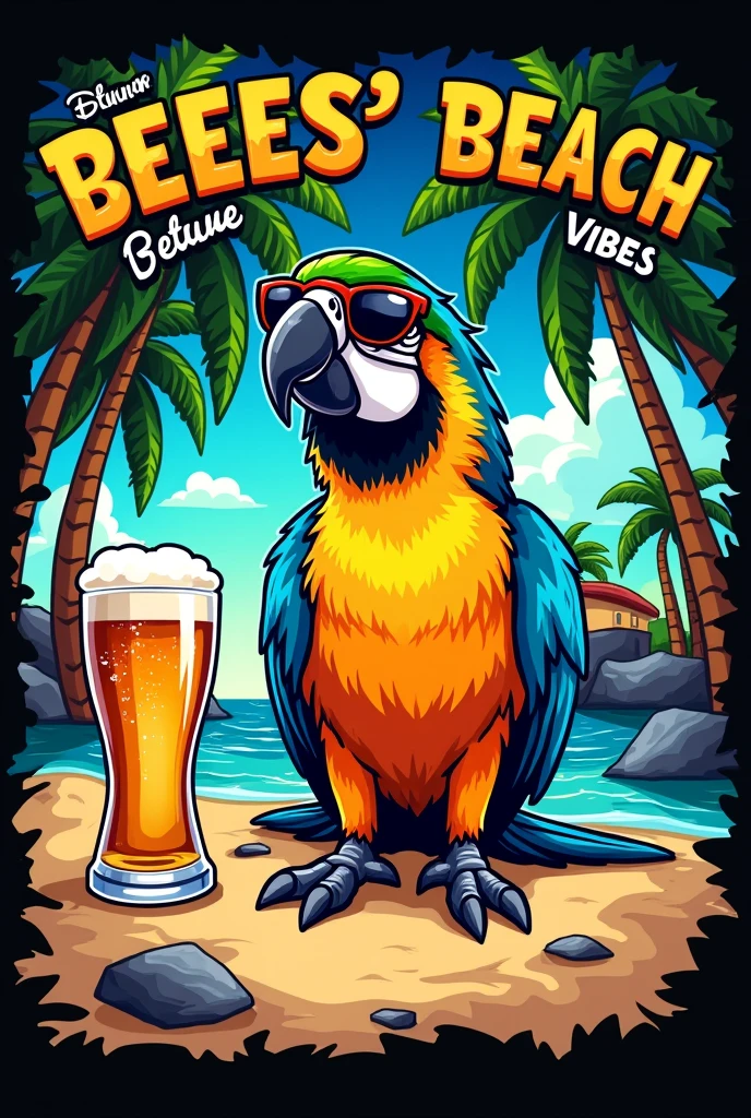 Make a T-shirt print, parrot wearing sunglasses on the beach, animated with beer with phrases in the background, with black background