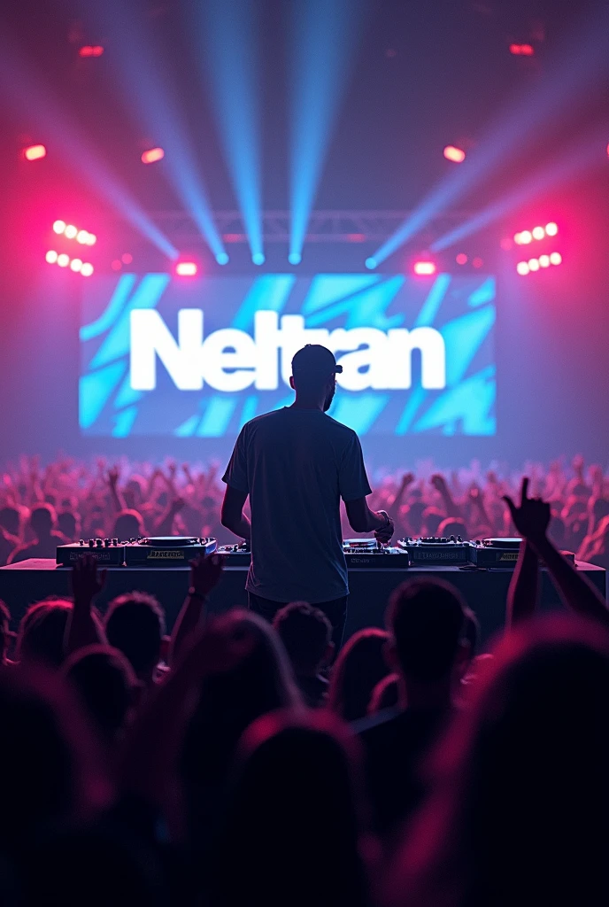 This is a realistic image of a DJ playing on a large stage with several people, with the name Neltran on the party screen 