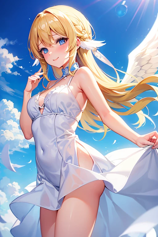 A girl flying in the sky, blonde hair, blue eyes, angel wings on her back, white dress, blue sky, white clouds, gentle smile, angel wings, golden light