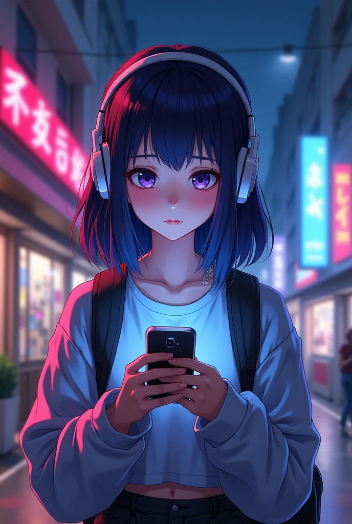 anime girl with headphones and backpack looking at a cell phone, anime style 4 k, alice x. zhang, digital anime art, nightcore, digital anime illustration, anime styled digital art, anime art wallpaper 4k, anime art wallpaper 4 k, anime artstyle, anime digital art, anime style artwork, anime style. 8k, detailed digital anime art