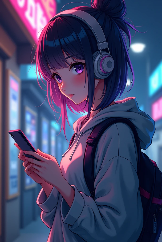 anime girl with headphones and backpack looking at a cell phone, anime style 4 k, alice x. zhang, digital anime art, nightcore, digital anime illustration, anime styled digital art, anime art wallpaper 4k, anime art wallpaper 4 k, anime artstyle, anime digital art, anime style artwork, anime style. 8k, detailed digital anime art