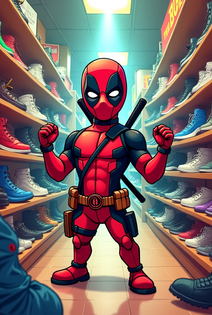 Deadpool cartoon in a shoe store 