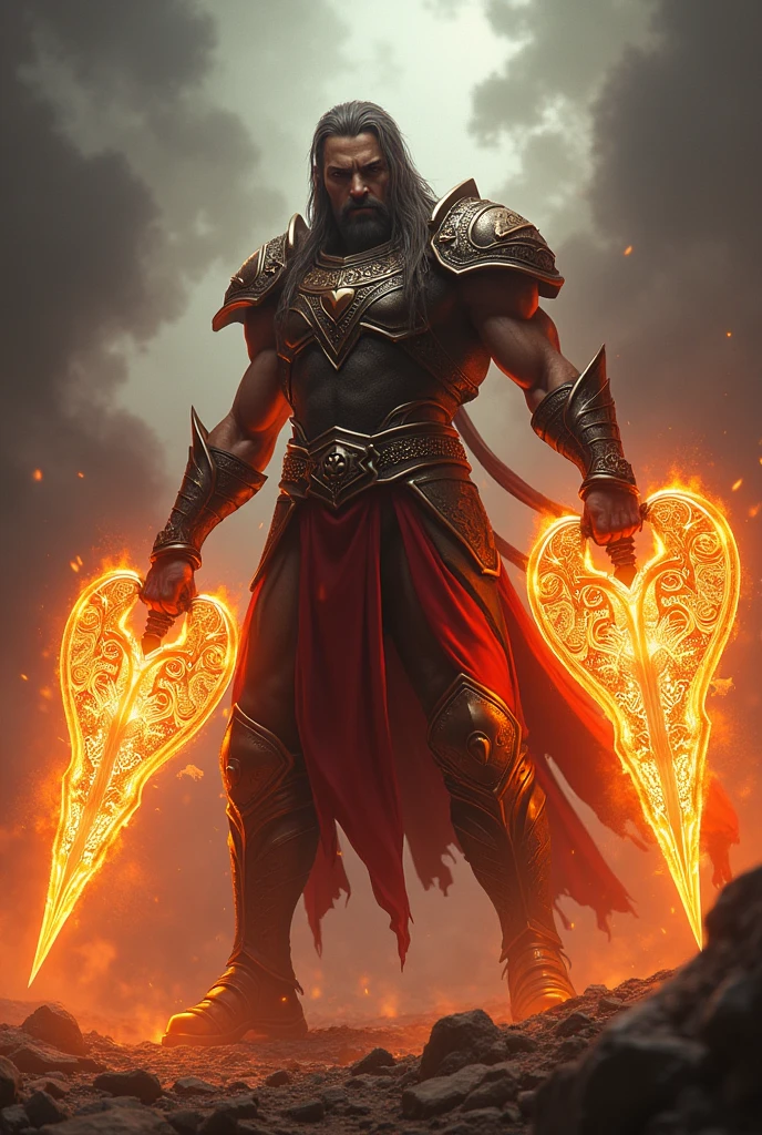 Godslayer hearts with frictional effects, shiny effects, flames coming out of the character