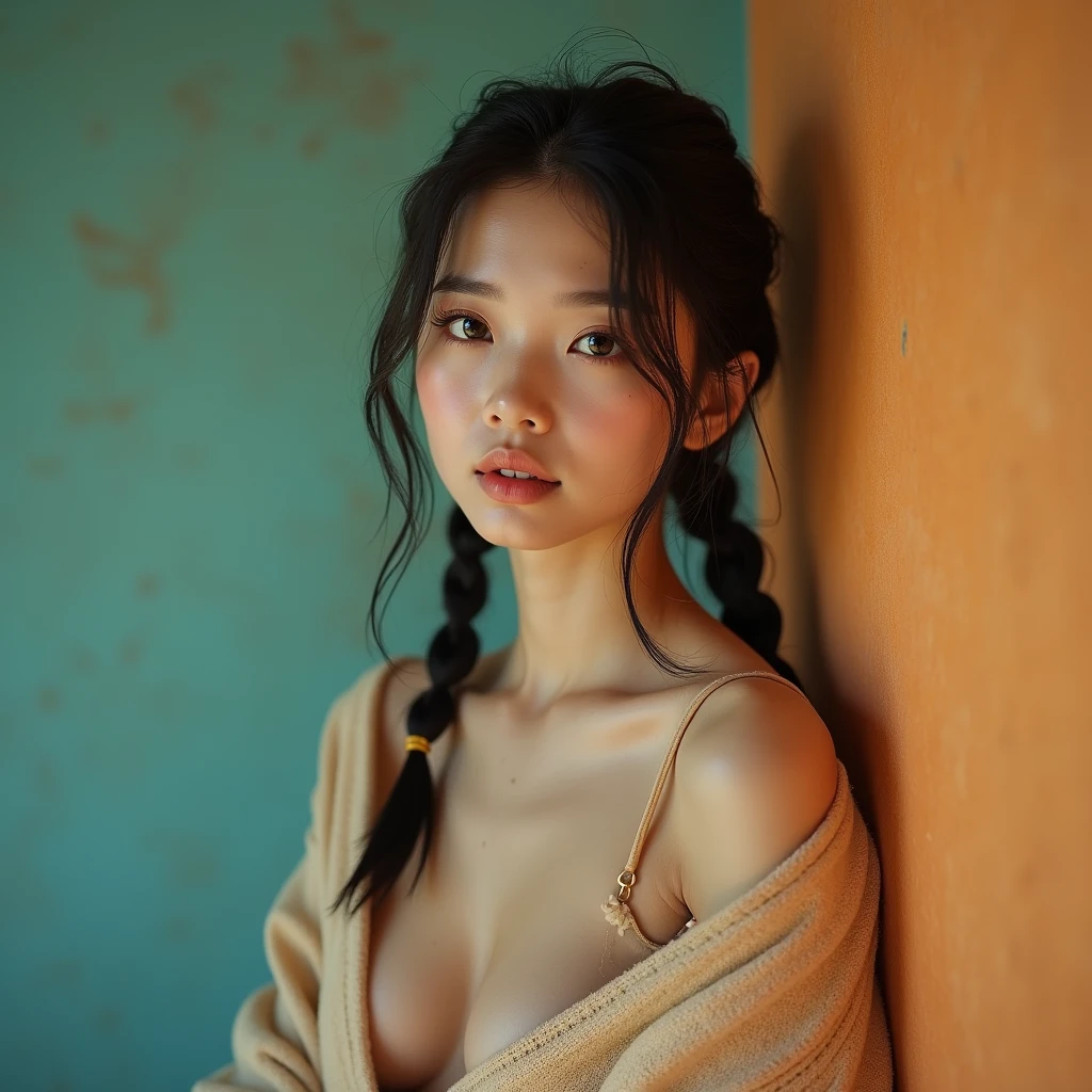 NSFW, nude, 1girl, super cute 1 Vietnamese Net Idol student who is a stunningly beautiful model, pigtail braided haired, glasses, open cardigan, short skirt, (small breasts, detailed nipples) perfect eyes, skin blemish, detailed skin, ultrarealistic photo, low camera angle from the front, full-body pose, she is lat the camera, HQ, 8k, fine details, 24mm lens, blend 1.4, Kodachrome, orange and teal colour theme.