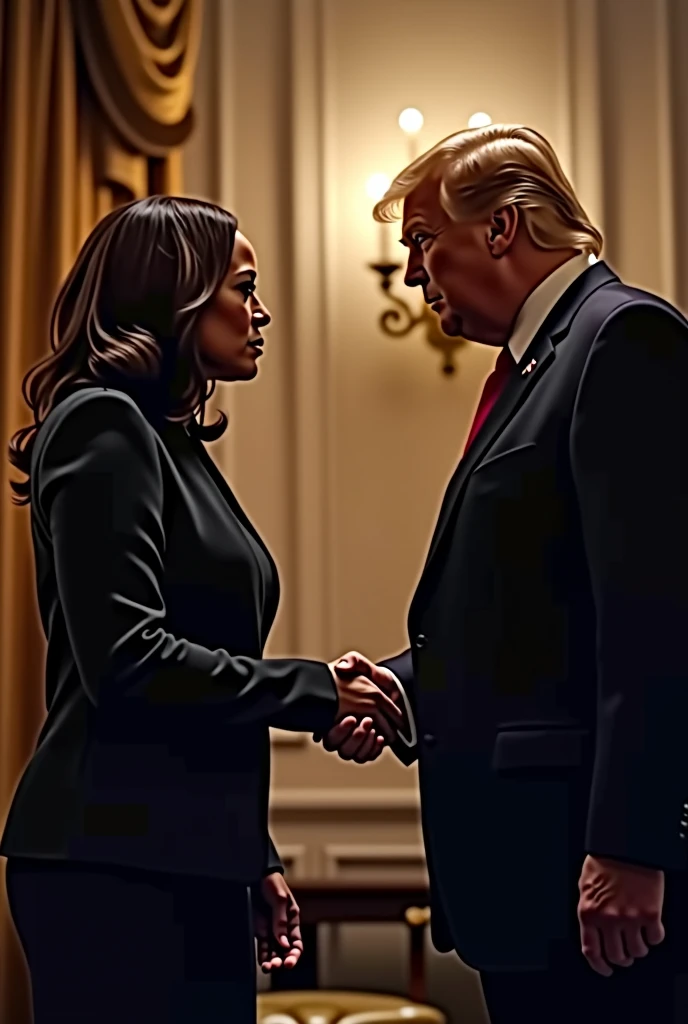 a portrait of Kamala Harris and Donald Trump shaking hands, high resolution, cinematic lighting, detailed facial features, elegant formal attire, warm color tones, photorealistic, masterpiece, intricate details, striking composition, emotional moment, powerful political leaders, historical significance, dramatic lighting, cinematic atmosphere, inspiring, (best quality, 4k,8k, highres, masterpiece:1.2), ultra-detailed, (realistic, photorealistic, photo-realistic: 1.37)