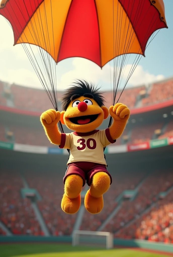 a cheerful blue Sesame Street character, Sesame Street, wearing a cream-colored soccer jersey with the number 30 on the burgundy chest, parachuting into a stadium, hyper-realistic, 8k, detailed facial features, realistic lighting, cinematic, photorealistic, warm color tones, dynamic pose, detailed textures, sharp focus, masterpiece