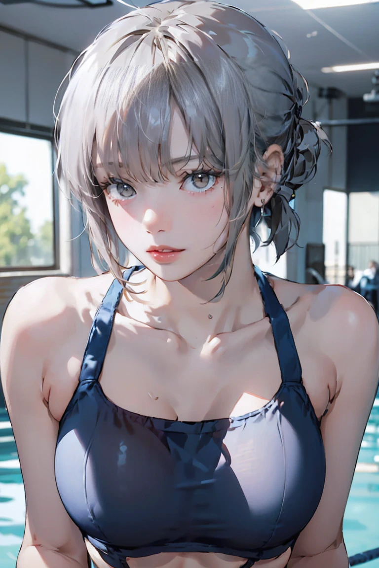 (masterpiece,Highest quality,Ultra-high resolution), (((Very clean))), Silver Hair､ ((Beautiful low ponytail)), Very cute face, Glossy Lips, Large Breasts、 Natural Makeup, Long eyelashes, Shiny and smooth hair､Center image, Perfect limbs, Perfect Anatomy,(((Navy School Swimsuit)))、((See through)),Sweat,expensive,Pool,Erect nipples,See through