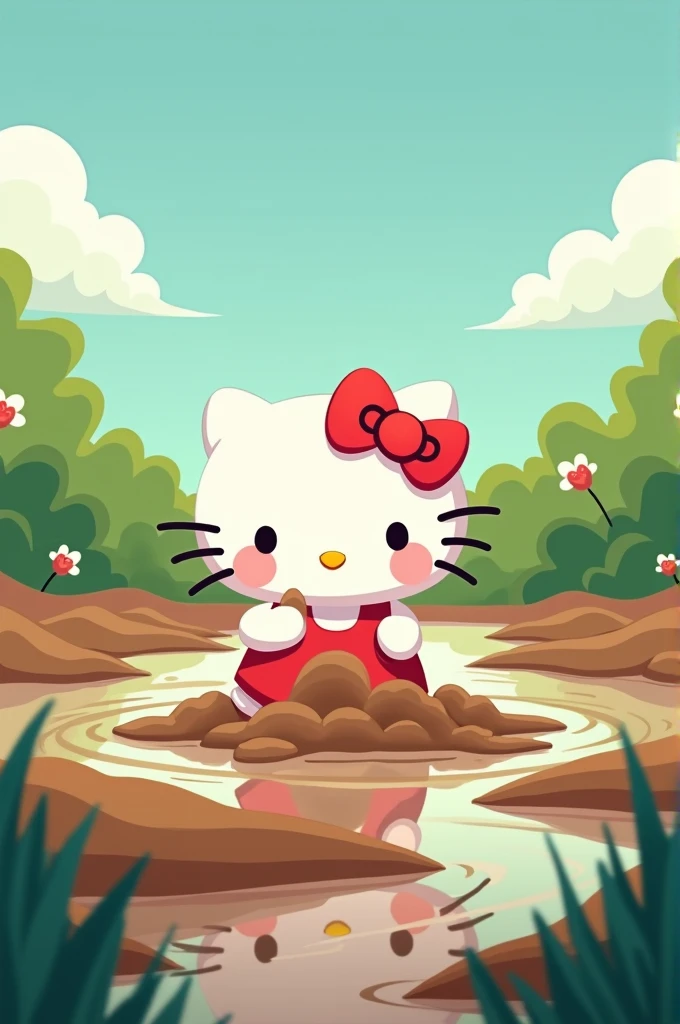A cute cartoon hello kitty play mud at mud flats