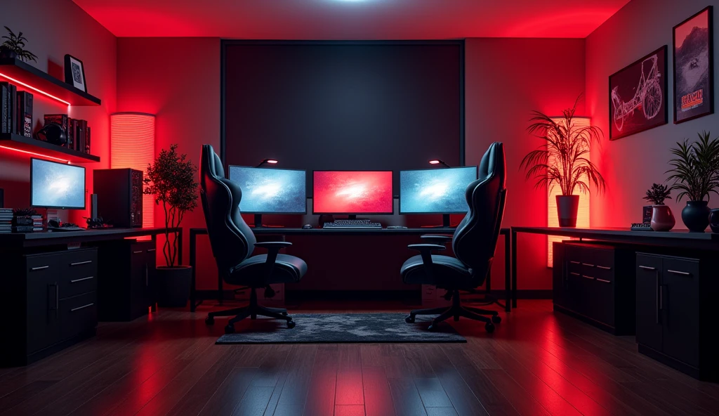 background of a professional gamer's room, being observed from a side point of view, with red and dark gray color theme, ultra HD, realist 4k