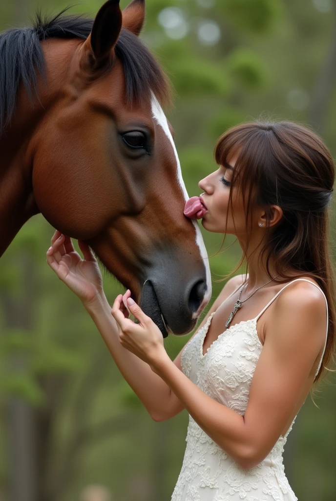 A woman in a wedding dress is licking a horse&#39;s genitals.