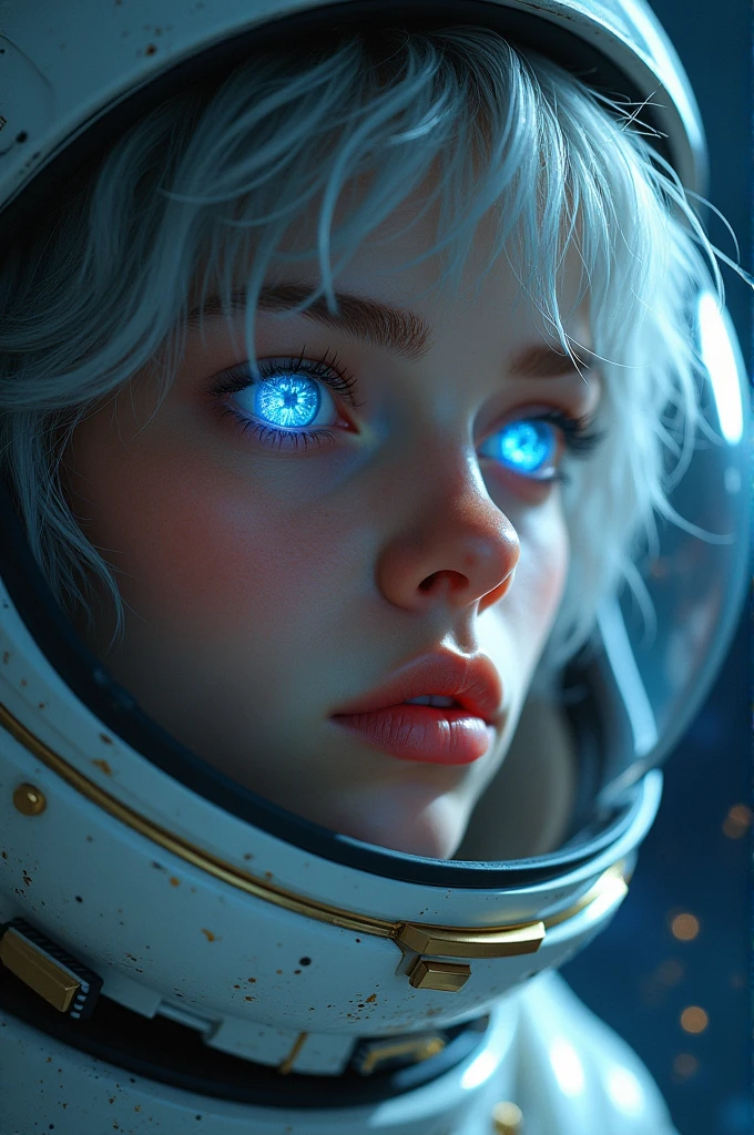(Close-up of a better masterpiece:1.5)0.9], (Space and astronauts:1.2) (Messy silver hair:1.1) (Heterochromia xanthochromia and blue eyes:1.2) (Space Helmet:1.0) (Colored stars in the eyes:1.0) (A radiant glow:1.1) (thick lips:0.9)