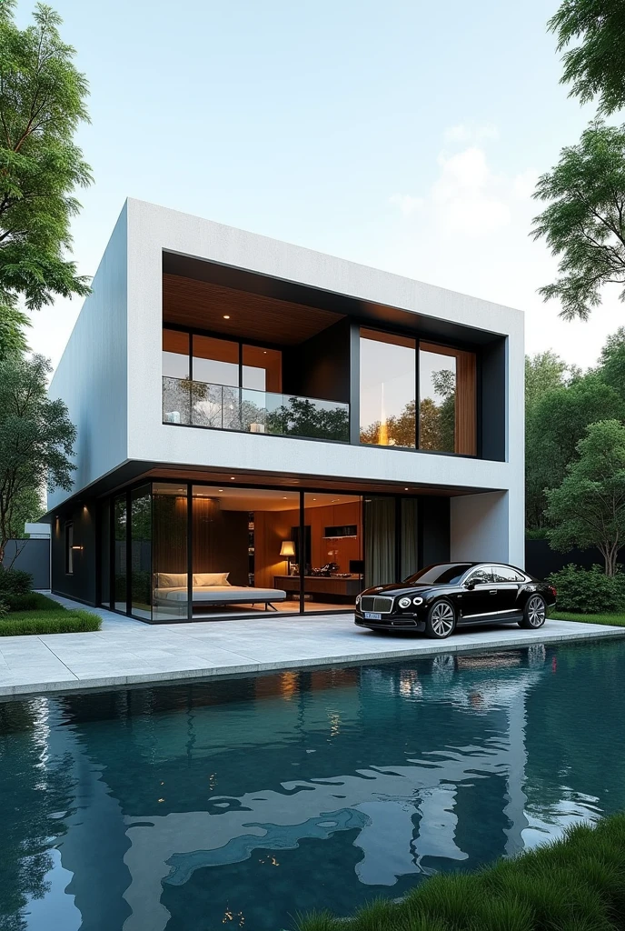 Modern villa facade , exterior view , reflective in pool , high quality rendering architecture , a car parked in front of modern facade villa , with trees and plant