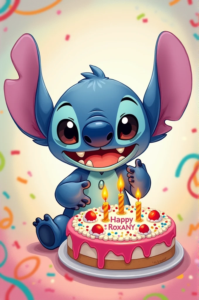 A Stitch with a birthday cake that says Roxany