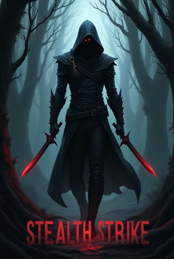 "Create an image of a dark, agile assassin named Shadowblade, dressed in black leather armor with glowing red eyes. He holds two sharp daggers crossed over his chest, standing in a shadowy forest with mist swirling around. His special power, 'Stealth Strike,' is written in a sleek, sharp font below the image. The overall tone is mysterious and dangerous."