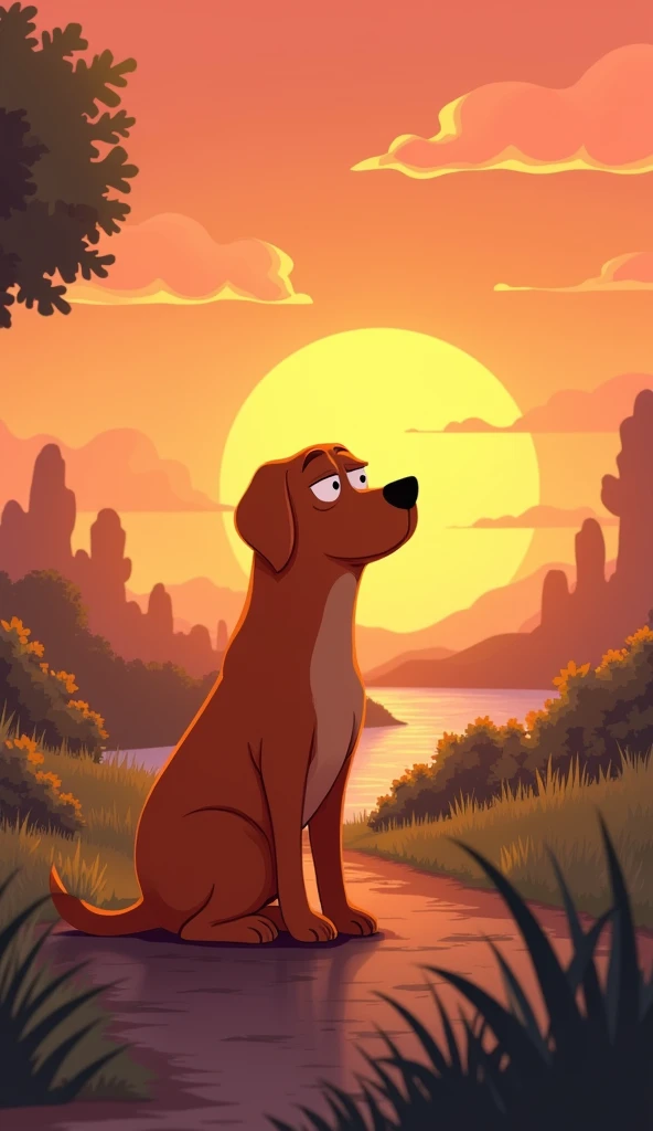 
The dog walks away slowly, looking sad and thoughtful, with the sun setting behind him.
The dog is orange and should not be fat or child.
Show as cartoons