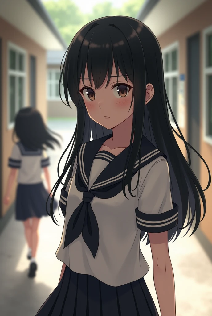 A young, eight-head-tall female character with long hair and a childlike yet mature feel, wearing a realistic sailor uniform that is indistinguishable from the real thing.、Create a scene with a calm expression and a gentle sidelong glance.。The character has long black hair.、In the background, a girl is running down a school corridor with her skirt fluttering.。The female character has a modest smile