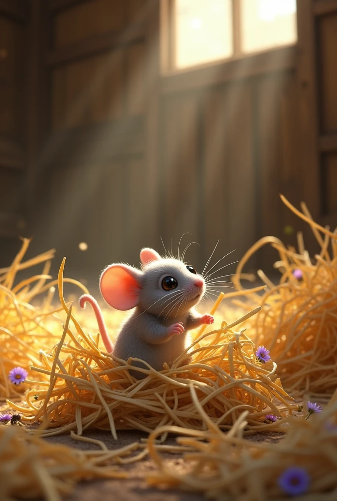 Create a picture about a little mouse stuck in the hay in the barn