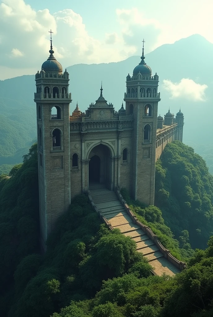 "Create an image of Raigad Fort, perched majestically atop a rugged hill in the Western Ghats of India. The fort should be depicted with its ancient stone walls and watchtowers, surrounded by lush green forests and misty clouds. Include the iconic entrance gate and the sweeping views of the valleys below, capturing the grandeur and historical significance of this 17th-century fortification." In dall e-3 style