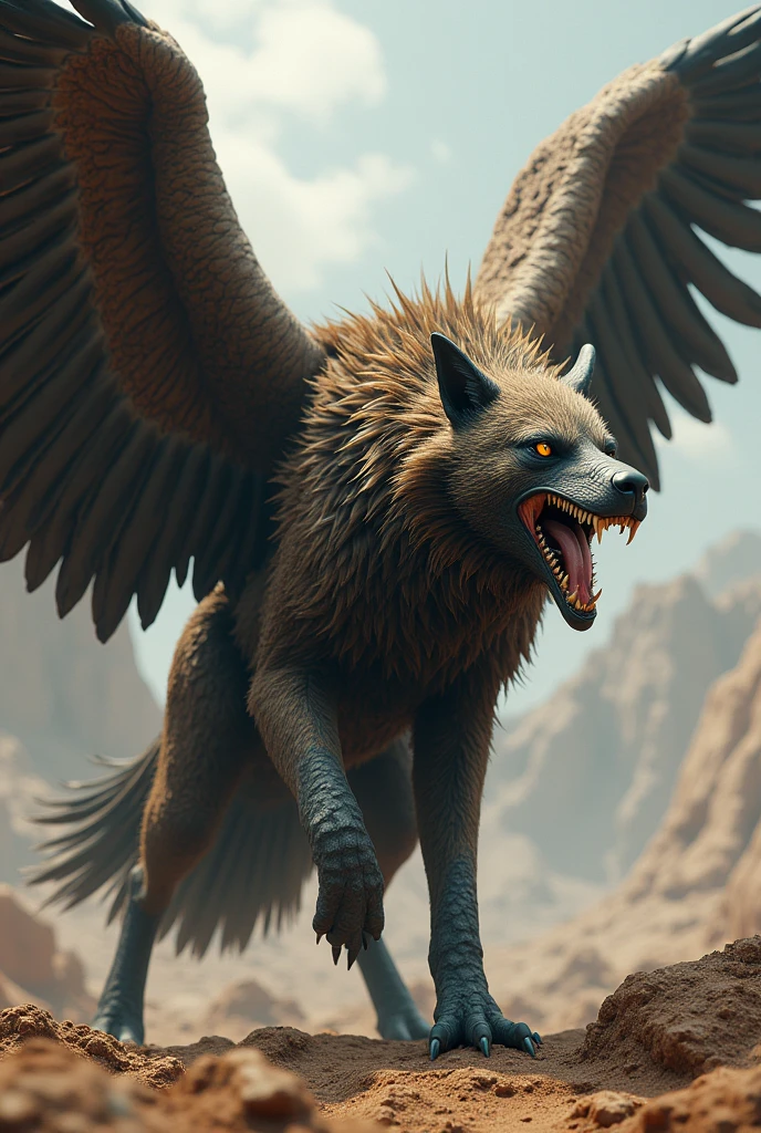 Create a image mixing combination of total wild beast dog with body full of muscle and wild  beast vunture with open wings and opend dog mouth .in HD 4k