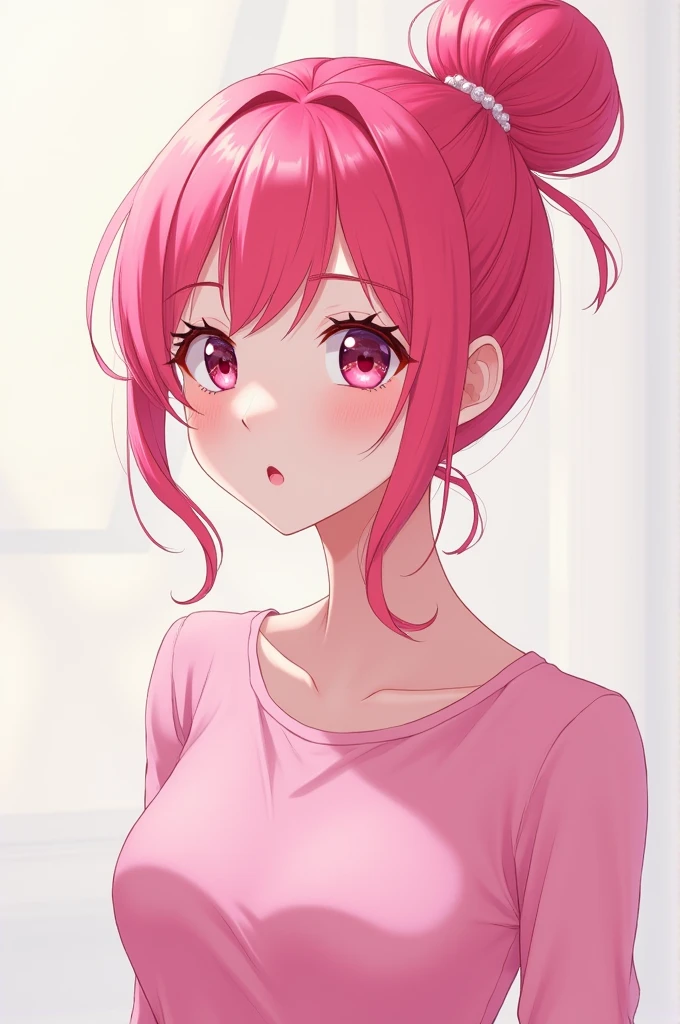 Female character with pink hair tied up with a pink shirt white skin anime type character 