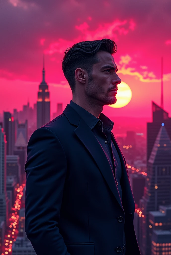 Magenta sunset，City，White male handsome guy
