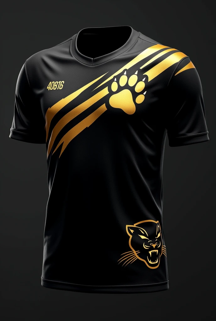 Design a sleek black jersey with a golden panther paw print motif. The jersey features a large, stylized golden paw print on the left chest, with claw marks extending diagonally across the front. The player's number is displayed in a bold gold font in the center. A subtle golden outline of a panther face is placed on the lower right side of the jersey, adding a touch of mystique and agility.