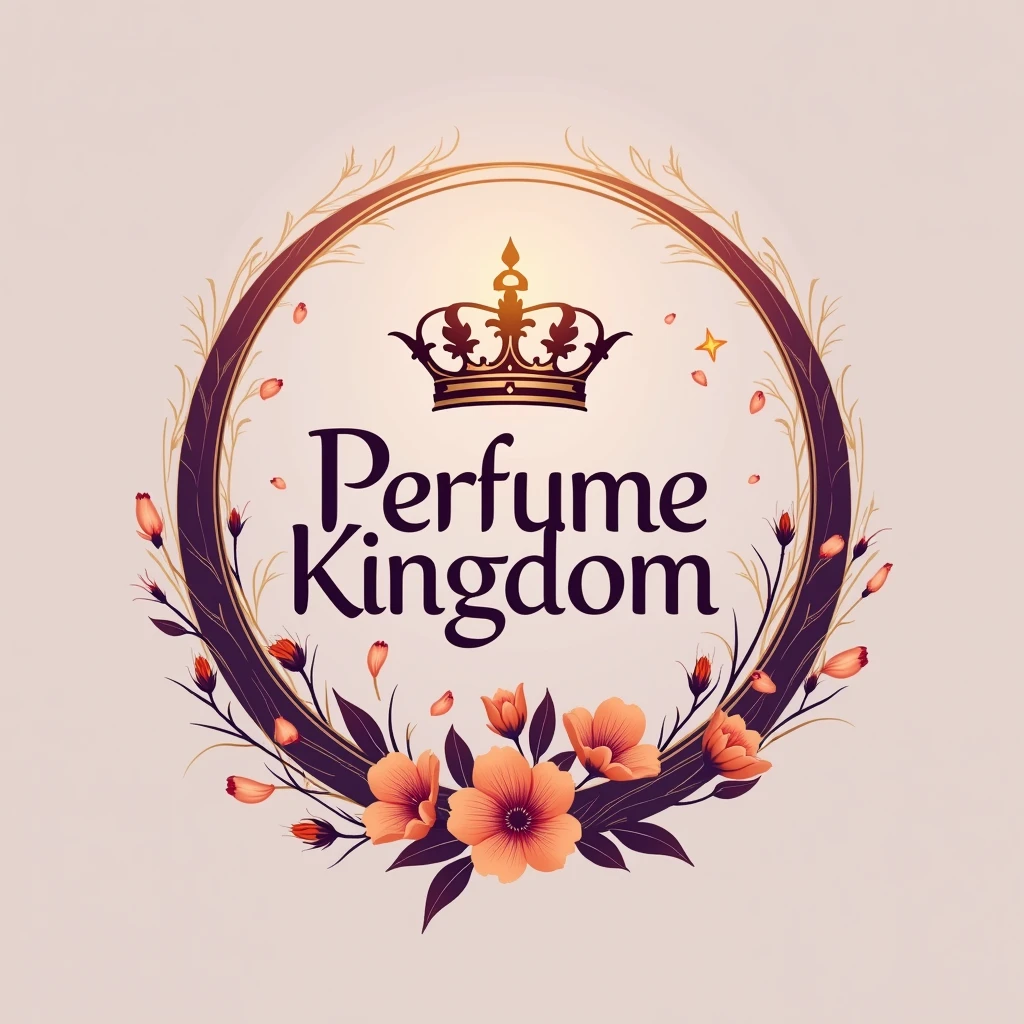 Logo for perfume brand with name Perfume Kingdom, in orange and purple colors with some flowers, All within a circle