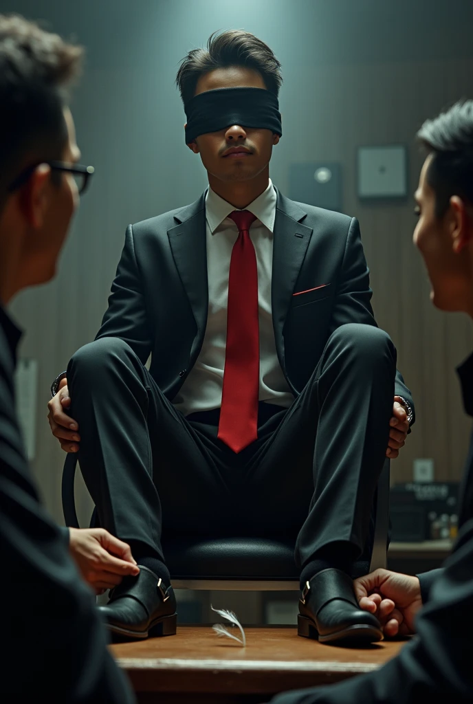 Malaysia malay handsome 19 years celebrity
His handcuff  in warehouse 
Blindfolded
Black Suit and Red tie
feet on desk
feather
shoes on desk 
5 toes each feet 
Black  smelly sock
2 man under his feet
1 man take off  his socks
1  man holding feather tickle his feet 
He laugh very hard