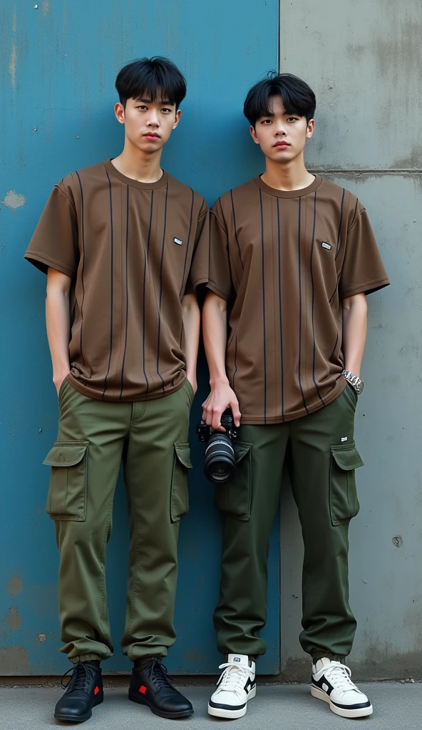 photo realist, super realistico, 2 Korean boy, shaved black hair, beautiful  face, pretty lips, strong bodie, and muscular, wearing a brown shirt with black stripes, wearing swamp green cargo pants, wearing shoes, holding a camera as if taking a picture, taking a picture with a camera, fully body, standing, blue and gray striped wall background, photographic essay, KPOP Idol
