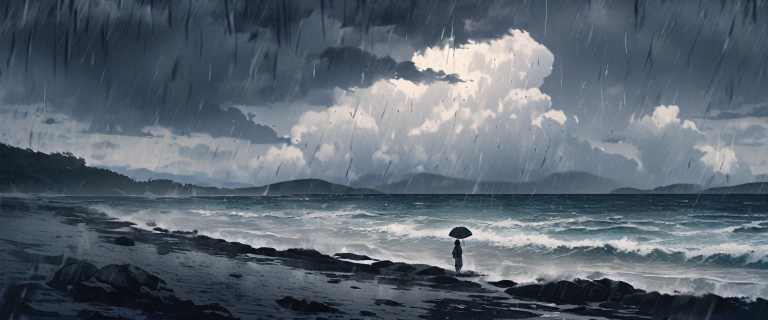 the sea,Dark and gloomy sky,It was raining heavily,There are no characters