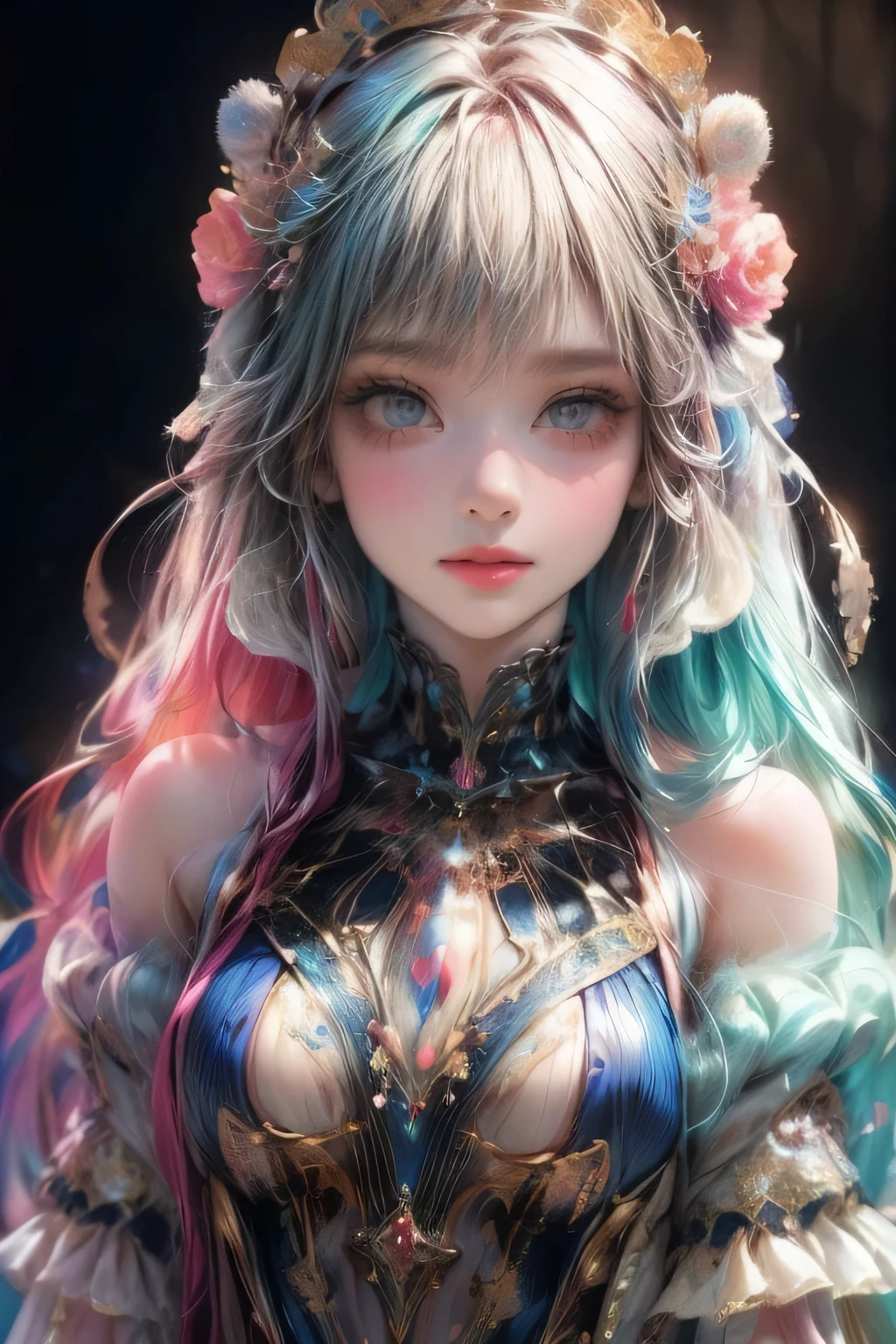 a beautiful cute girl in a surreal costume, intricate detailed dress, incredibly detailed face, beautiful detailed eyes, beautiful detailed lips, delicate skin, long eyelashes, confident pose, whimsical background, dreamlike atmosphere, vibrant colors, cinematic lighting, masterpiece, photorealistic, 8k, highly detailed