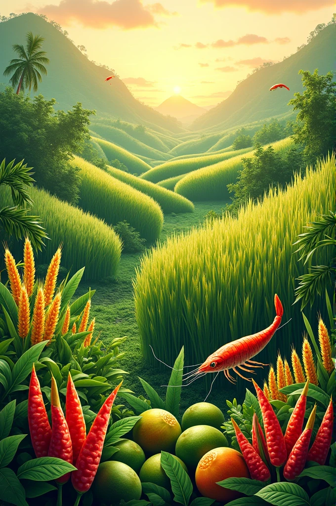 Wheat fields, yardlong beans, chili peppers, makrut lime leaves, shrimp and squid