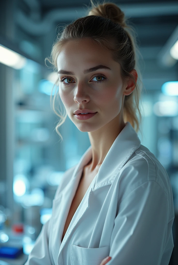 woman 30 years old, physics scientist, physics lab, sexy, white skin, light brown hair, ponytail bun, brown eyes,