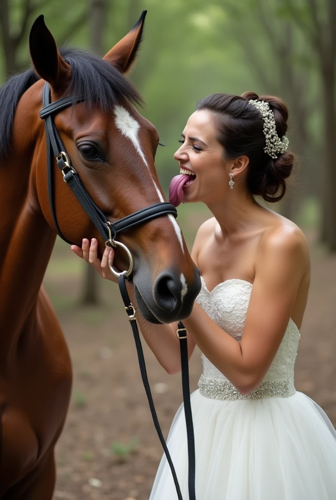 A woman in a wedding dress is licking a horse's cock.