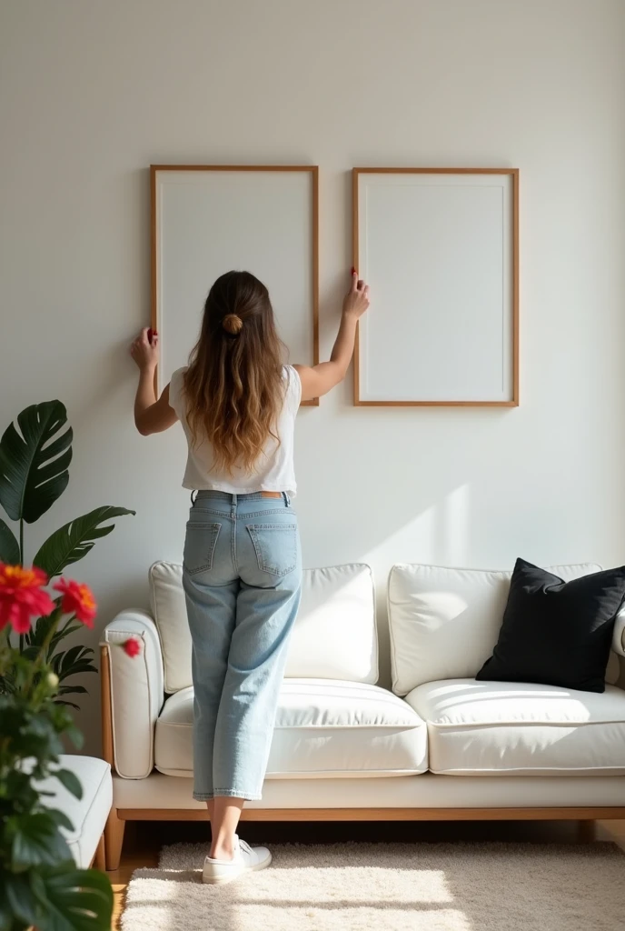 A Brazilian woman with her back turned aligning two paintings measuring 60 cm by 80 cm on the wall above the white sofa with a black cushion
, small apartment room, well lit and with flowers and carpet