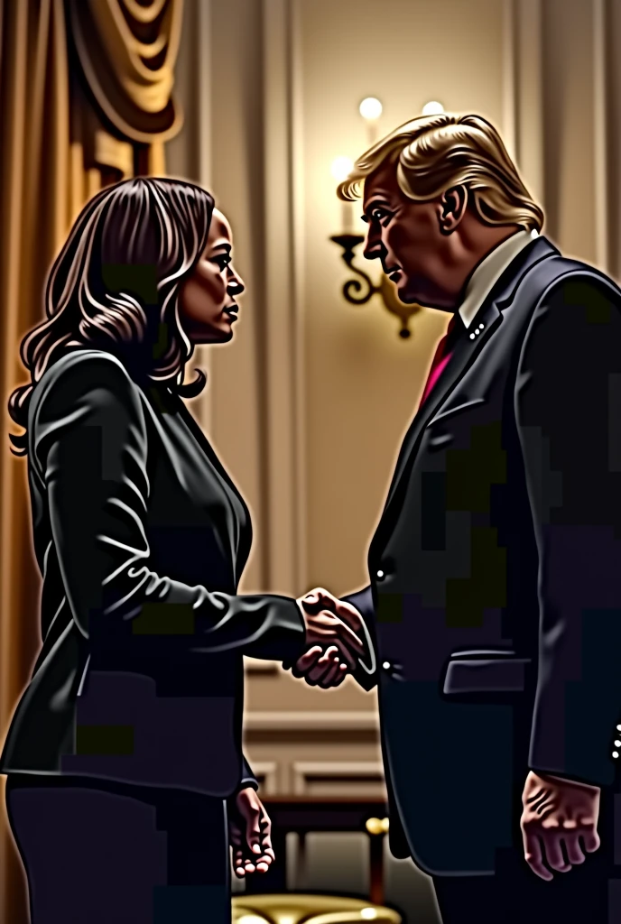a portrait of Kamala Harris and Donald Trump shaking hands, high resolution, cinematic lighting, detailed facial features, elegant formal attire, warm color tones, photorealistic, masterpiece, intricate details, striking composition, emotional moment, powerful political leaders, historical significance, dramatic lighting, cinematic atmosphere, inspiring, (best quality, 4k,8k, highres, masterpiece:1.2), ultra-detailed, (realistic, photorealistic, photo-realistic: 1.37)