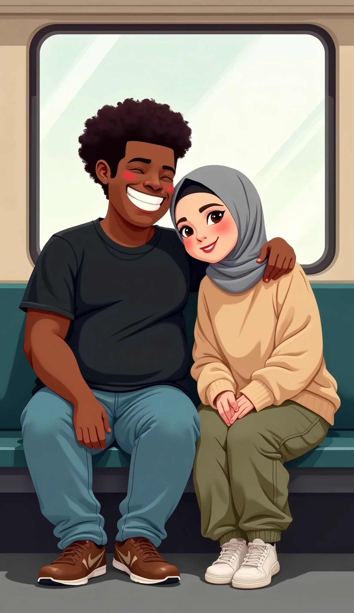 (hand drawing, outlining, flat style, vector art), 2d Drawing of a happy couple sitting next to each other in a train, funny looking black guy, curly black hair, happy fat guy with his gorgeous girlfriend, white girl, girl looking absolutely gorgeous, girl wearing grey hijab, beautiful girl, detailed eyes of girl, girls head on guys shoulder, guy wearing black t-shirt and jeans, girl wearing oversized beige sweatshirt, baggy beige cargo pants, full body view,