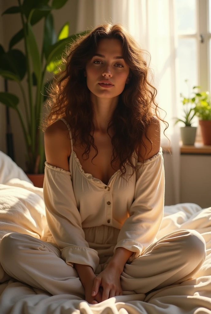 (photorealism:1.2), beautiful woman, sitting on bed, wearing loose off-shoulder top, pajama pants, long curly hair, indoors, soft lighting, plants in background, window with sunlight, cozy room, relaxed pose, realistic, intricate details, warm colors, by Greg Rutkowski, by Alphonse Mucha