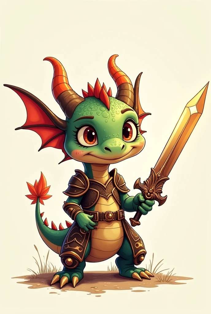 I want a sketch of an animated baby dragon with warrior armor now with a sword
