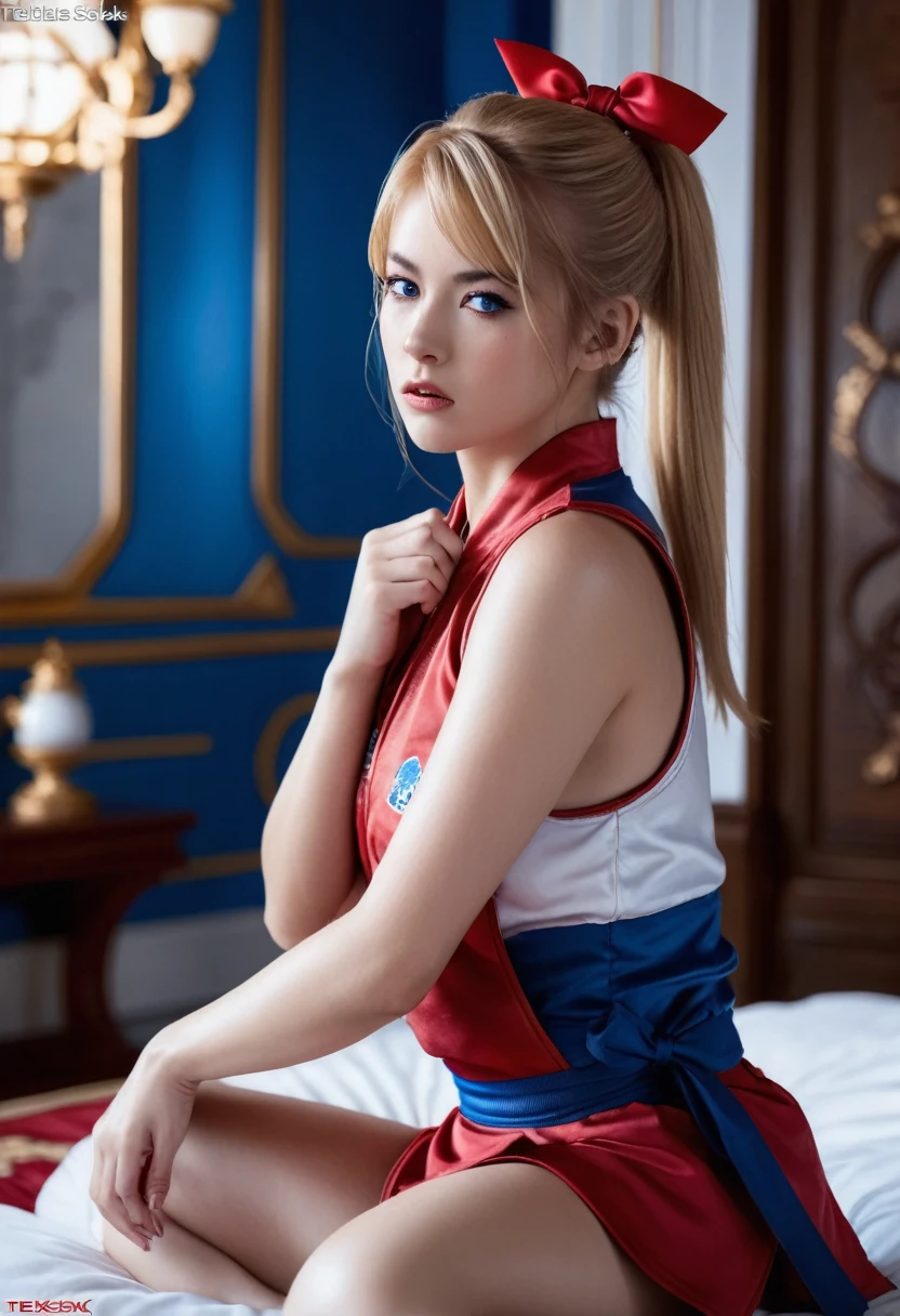 masterpiece, ultra high quality CG, best quality, perfect picture, solo, lidia sobieska (tekken, blonde hair with high ponytail, blue eyes, red hairbow, strong), wearing a sexy karate outfit, sitting on the bed, looking sideways, blushing, shoulders showing, in a European mansion