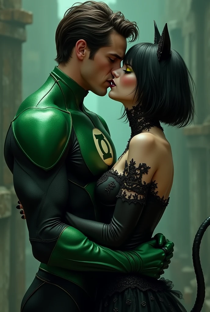 A woman kissing Hal Jordan ( Green Lantern ), The woman has short black hair down to her shoulders., with small black cat ears, yellow eyes with cat pupils, BLACK LIPS, busy gothic clothing, has a black cat tail