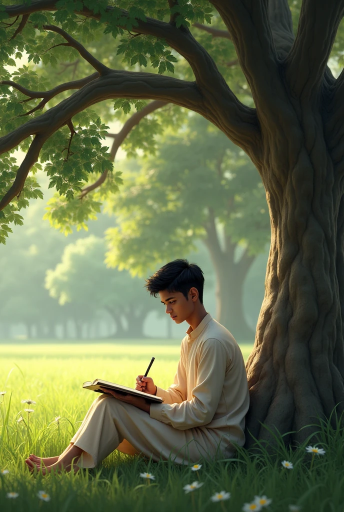 "A young Bangladeshi student, Naziruddin, in his early 20s, with short black hair and a determined expression. He is wearing traditional Bangladeshi cloth , such as a simple shirt and pants, and is sitting under a banyan tree with books and a notebook in hand. The background features lush green fields, reflecting his rural roots." create a photo for this character