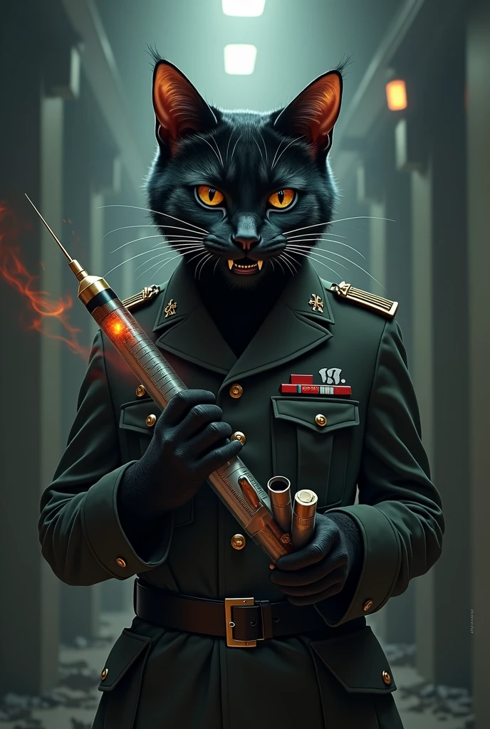 a cat with a medical syringe, explosives , bombi , 's uniform, black fur