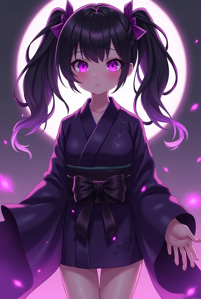 Yami, the Goddess of Chaos, Destruction, Death, Darkness, the End, and Omega
Clothes:
Yami’s attire masterfully balances her child-like innocence with a dark, seductive edge. Her kimono, made of deep purples and blacks, is a blend of a playful yukata and an alluring adult garment. It’s short and fitted, with an oversized obi tied into a large, flirtatious bow at her back. The neckline is modest but with a hint of tease, dipping just enough to be provocative without revealing too much. The fabric is semi-transparent in places, revealing glimpses of her smooth, fair skin beneath. The sleeves are long and wide, trailing slightly, giving her an appearance of both playful mischief and mysterious allure. Dark, shifting patterns dance across the fabric, adding an eerie, otherworldly touch to her look.

Appearance:
Yami’s appearance is a captivating mix of youthful charm and dangerous allure. Her long, raven-black hair is styled in twin tails, giving her a playful, almost innocent look, but the dark ribbons that hold them in place hint at something more sinister. Her deep purple eyes are large and expressive, filled with a mix of child-like curiosity and an unsettling, chaotic energy. Her fair skin glows softly, contrasting with the dark tones of her kimono. Her lips are a deep, almost black shade of purple, full and inviting, with a slight pout that enhances her youthful appearance. Her expression is a blend of innocent mischief and knowing seduction, making her both endearing and unsettling at the same time.