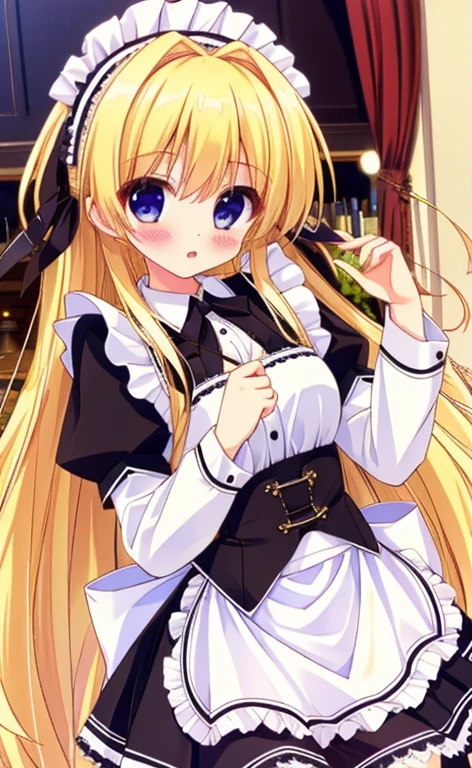 Beautiful long blonde Embarrassing Girl in black maid outfit Long sleeve Long skirt