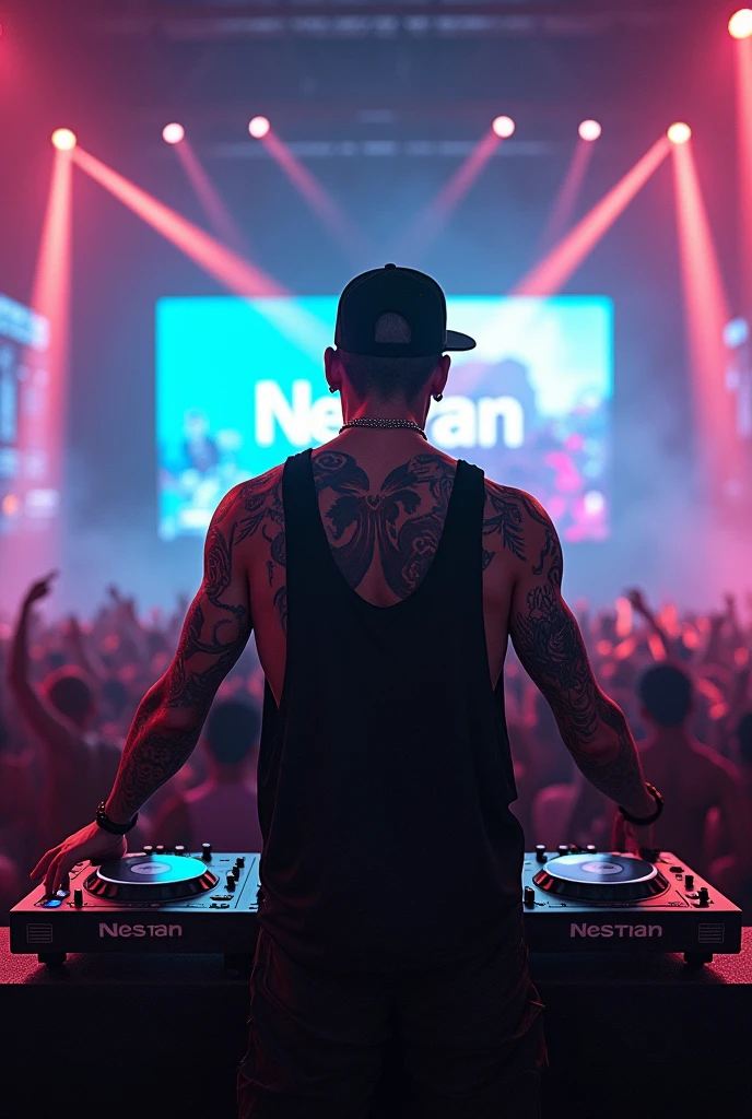 Here is a realistic image of a tattooed, streetwear-style DJ playing on a large stage with several people., with the name Neltran on the party screen 